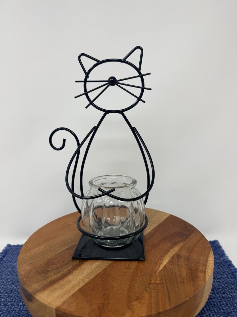Black Metal Cat Tabletop Base W/ Glass Holder For Candle Or Plant, 9” Tall